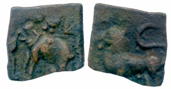 Sangam Cholas, Copper, 2.07g, Obv: Elephant to left symbols above, Rev: Lion to left with 