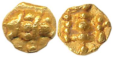 Chalukyas of Badami, Gold Haga- 1/4 Fanam, 0.09g, Obv: Boar facing right, Rev: Temple spir