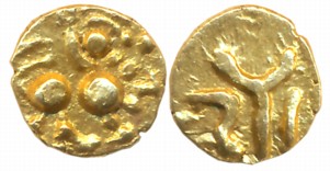 Chalukyas of Kalyana, Someshwara II, Bhuvanekamalla, Gold Fanam, 0.35g, Obv: Lion standing