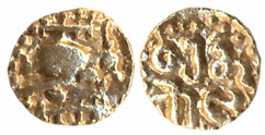 Imperial Cholas, Kulottunga Chola III, Gold 1/4 Fanam, 0.09g, Obv: Seated Tiger besides la