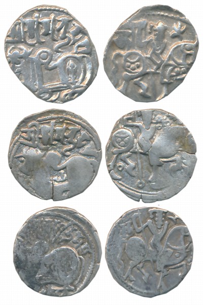 Hindu Shahis, Samantadeva, Billon Drachmas (3), 3.35g, 3.23g, 3.09g, Obv: Bull seated faci