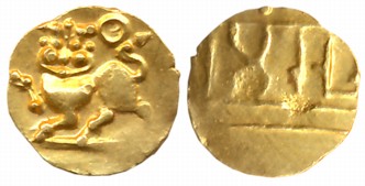 Yadavas of Devagiri, Ramachandra Deva, Gold Hana or Fanam, 1.19g. Obv: Lion standing with 