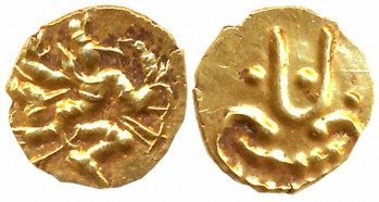 Banas of Madurai, Samarakolakalan, Gold Fanam, 0.15g, Obv: Stylize Garuda running to right