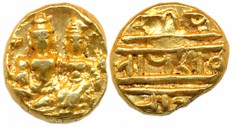 Vijaynagar Empire, Devaraya I, Gold Varaha, 3.43g, Obv: Lord Vishnu seated in Padmasana wi