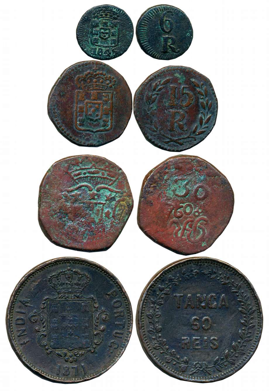 Goa, Copper (4), Tanga- 60 Reis, 30 Reis, 15 Reis & 6 Reis, 37.77g, 19.19g, 9.88g, 3.44g. 