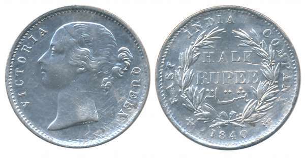Victoria Queen, Silver 1/2 Rupee, 1840. About very fine.