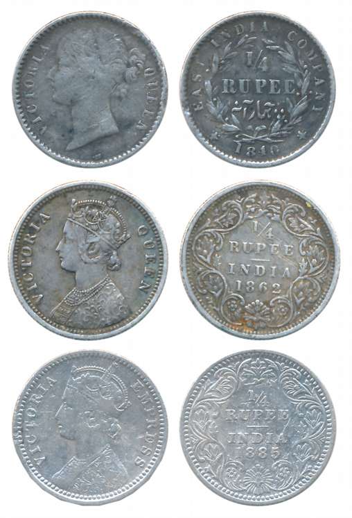 Silver 1/4 Rupees (3), Victoria Queen, 1840, 1862, Victoria Empress, 1885. About very fine