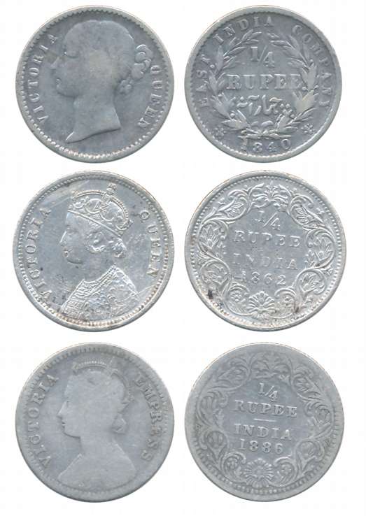 Silver 1/4 Rupees (3), Victoria Queen, 1840, 1862, Victoria Empress, 1886. About very fine