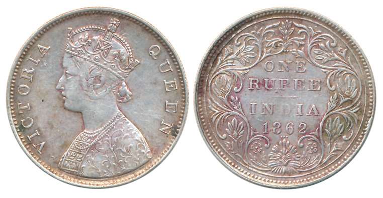Victoria Queen, Silver Rupee, 1862, 2/3 dots, B/II. Very fine+.