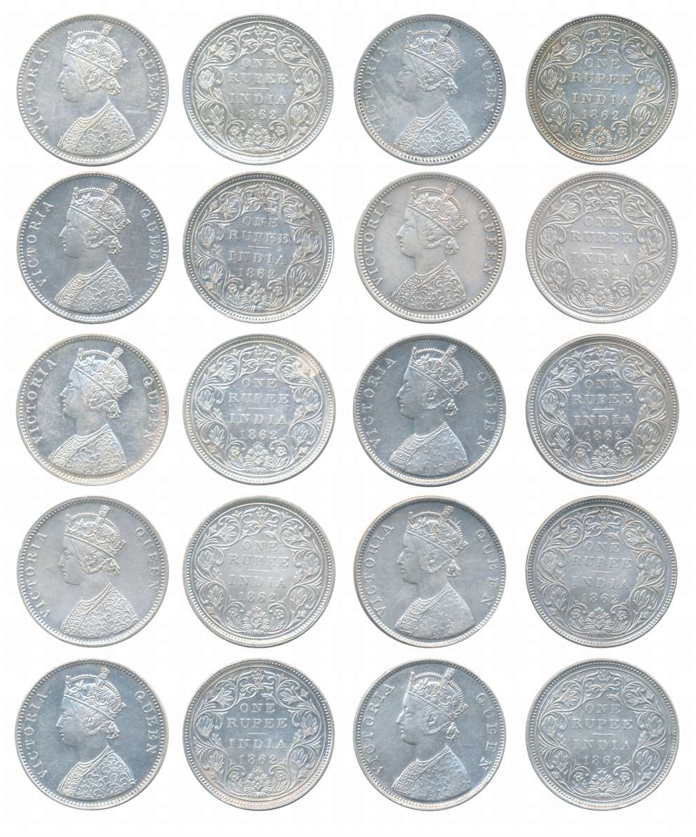 Victoria Queen, Silver Rupees (10), 1862. Extremely fine to about uncirculated. 10 coins.