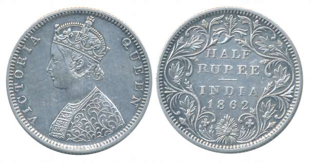 Victoria Queen, Silver 1/2 Rupee, 1862. About extremely fine.
