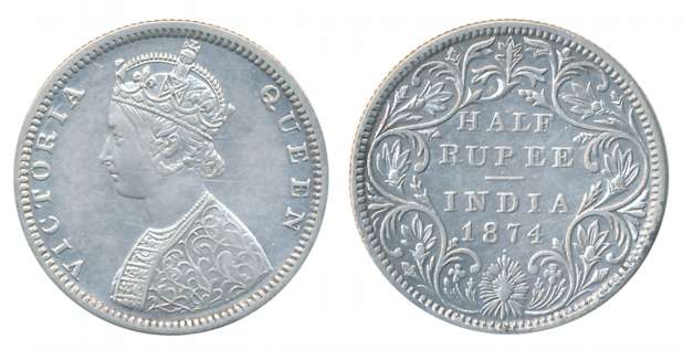 Victoria Queen, Silver 1/2 Rupee, 1874, Bombay Mint. Very fine+.