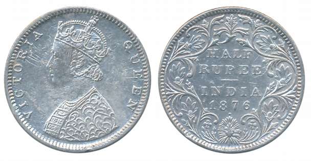 Victoria Queen, Silver 1/2 Rupee, 1876, Bombay Mint. Cleaned, very fine.