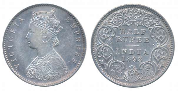 Victoria Empress, Silver 1/2 Rupee, 1893, Calcutta Mint. About extremely fine.
