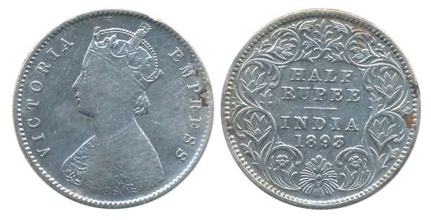 Victoria Empress, Silver 1/2 Rupee, 1893, Calcutta Mint. Fine+.