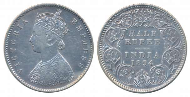 Victoria Empress, Silver 1/2 Rupee, 1894, Calcutta Mint. Very fine.