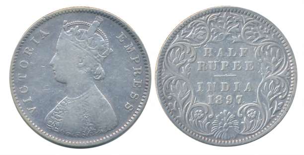 Victoria Empress, Silver 1/2 Rupee, 1897, Bombay Mint. About very fine.
