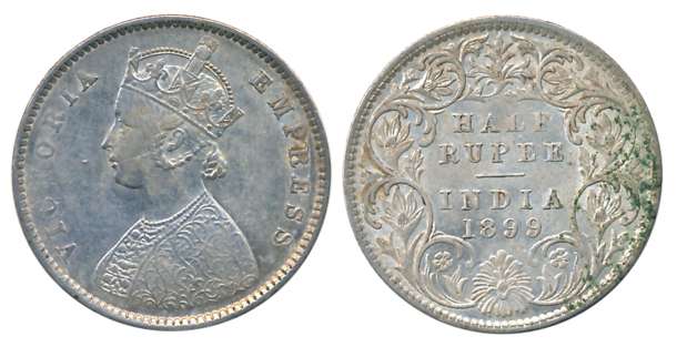 Victoria Empress, Silver 1/2 Rupee, 1899, Bombay Mint. Extremely fine+ to about uncirculat