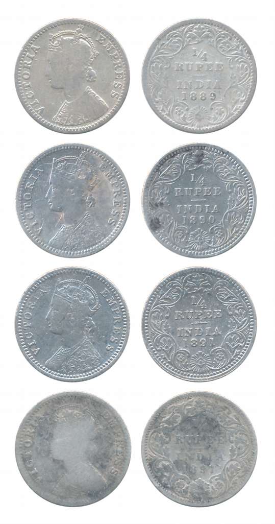 Victoria Empress, Silver 1/4 Rupees (4), 1889, 1897, Bombay Mint, 1890, 1891, Calcutta Min
