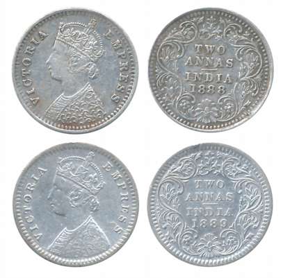 Victoria Empress, Silver 2 Anna (2), 1888, Bombay Mint, 1889, Calcutta Mint. Very fine+ to
