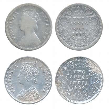 Victoria Empress, Silver 2 Anna (2), 1892, Calcutta Mint, 1894, Bombay Mint. Very fine+ to