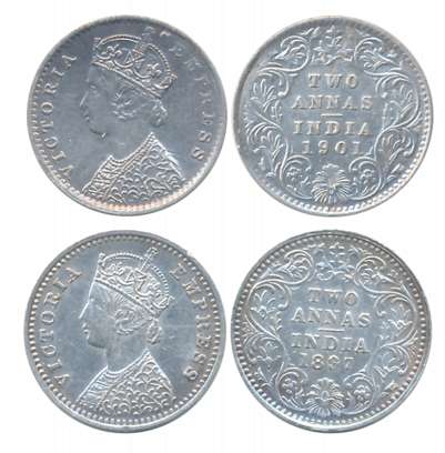 Victoria Empress, Silver 2 Anna (2), 1897, Bombay Mint, 1901, Calcutta Mint. Extremely fin