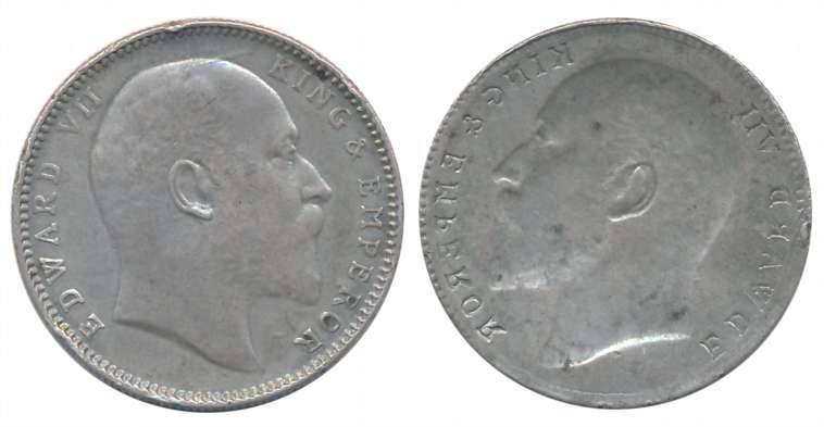 Edward VII, Silver Rupee, Brockage Lakhi of obverse die. Deep bold strike. Very fine.