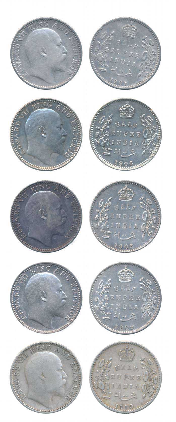 Edward VII, Silver 1/2 Rupees (5), 1905, 1906, 1908, 1909, 1910. Very fine to extremely fi