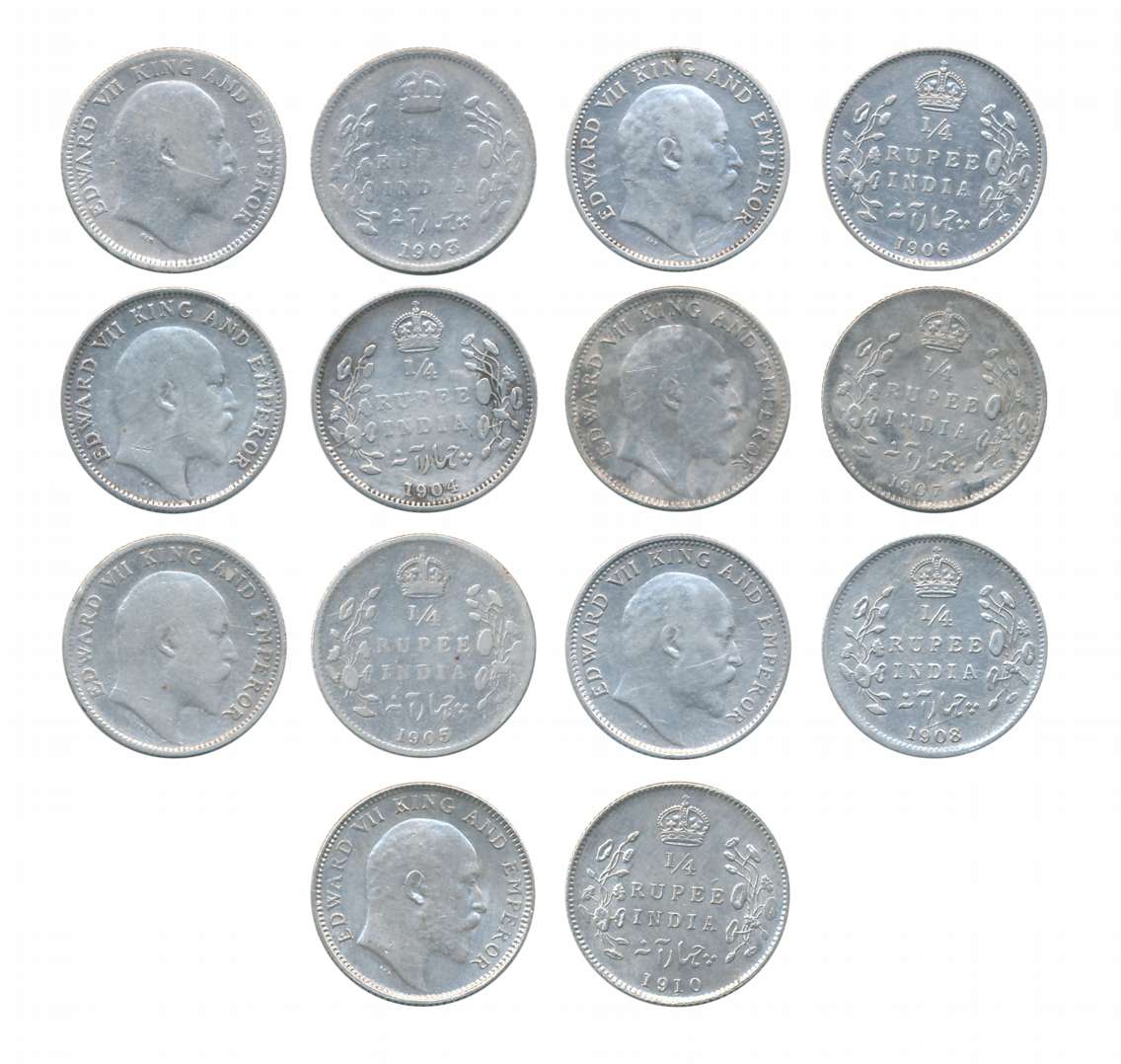 Edward VII, Silver 1/4 Rupees (7), 1903, 1904, 1905, 1906, 1907, 1908, 1910. Very fine+ to