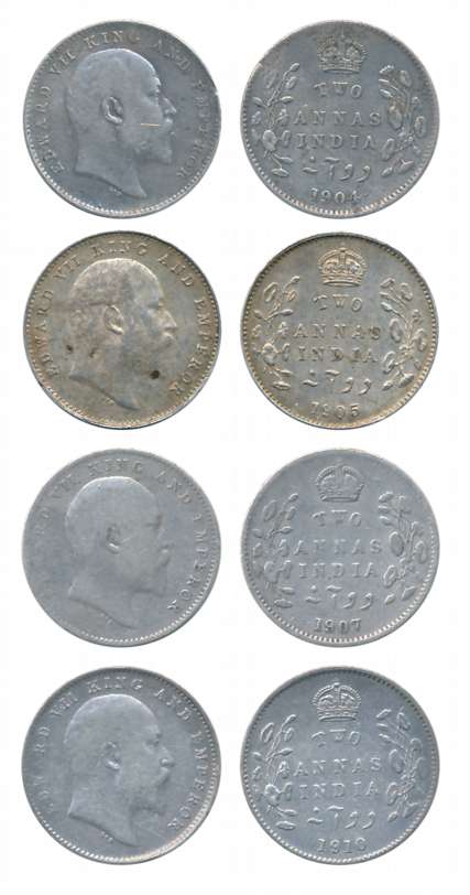 Edward VII, Silver 2 Anna (4), 1904, 1905, 1907, 1910. Very fine+ to about uncirculated. 4