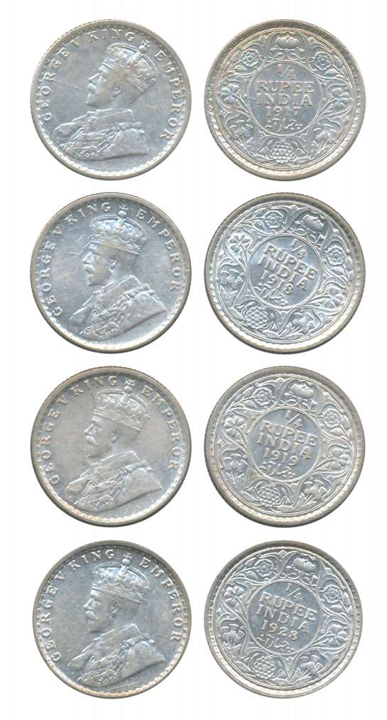 George V, Silver 1/4 Rupees (4), 1917, 1918, 1919, Calcutta Mint, 1928, Bombay Mint. About