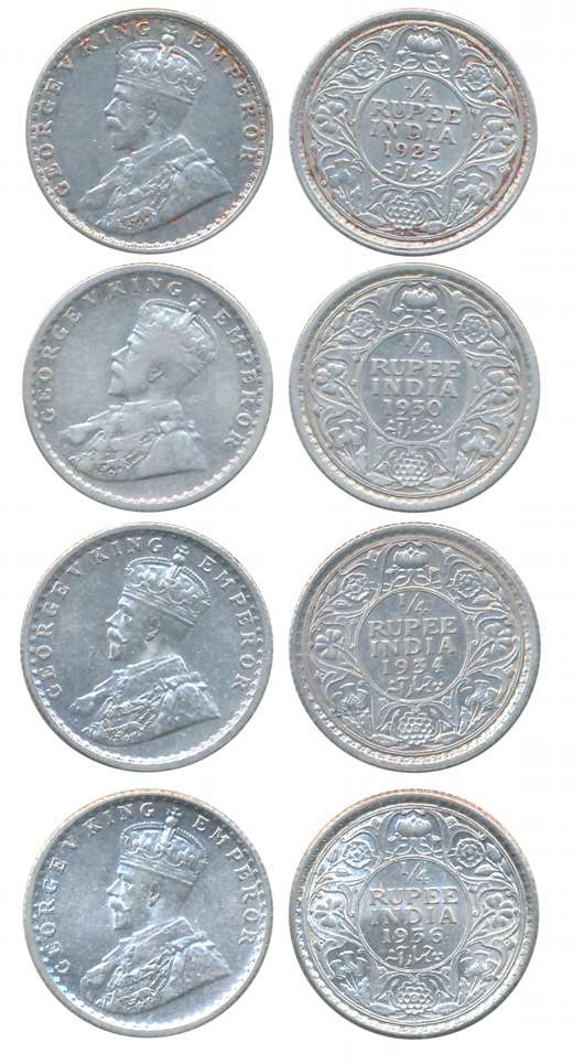 George V, Silver 1/4 Rupees (4), 1925, Bombay Mint, 1930, 1934, 1936, Calcutta Mint. Very 