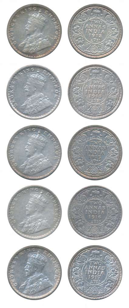 George V, Silver 2 Anna (5), 1912, 1913, 1915, Bombay Mint, 1916, 1917, Calcutta Mint. Ver