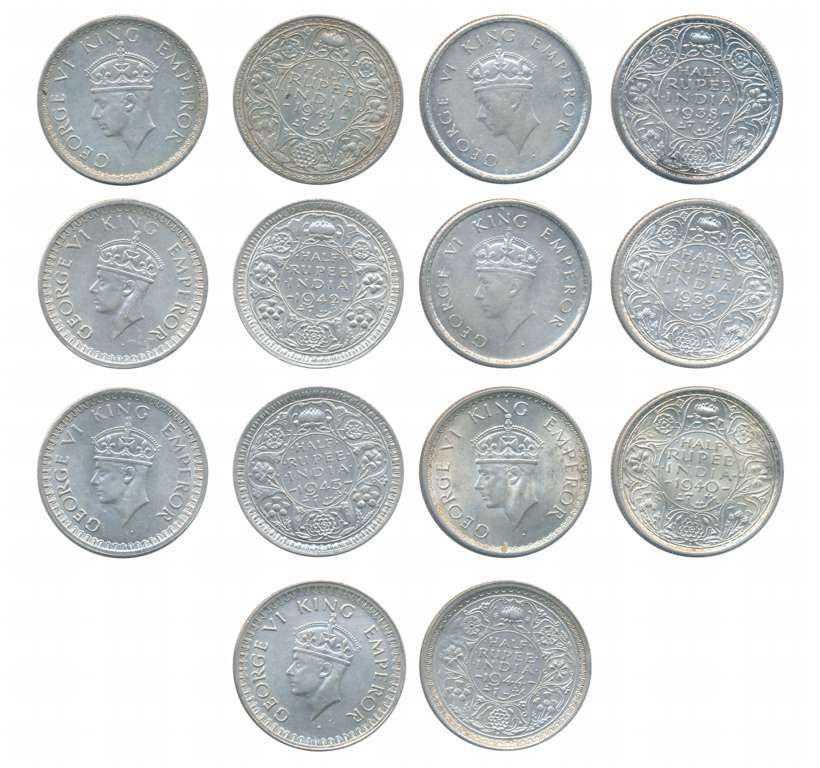 George VI, Silver 1/2 Rupees (7), 1938, 1939, 1940, 1941, 1942, 1943, 1944. Very fine+ to 