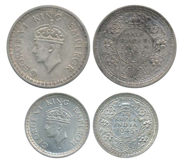 George VI, Silver (2), 1/2 Rupee &amp; 1/4 Rupee, "Large 5", 1945. Extremely fine to about