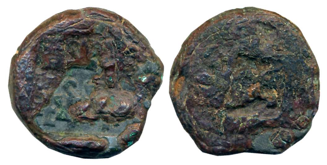 Panchala, Bhumimitra, Copper, 10.72g, Obv: Brahmi Legend “Bhumimitas” with three symbols i