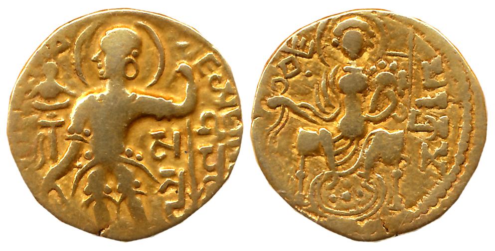 Guptas, Samudra Gupta, Gold Dinar, 7.28g, “Sceptre” (standard) type, Obv: King Nimbate sta