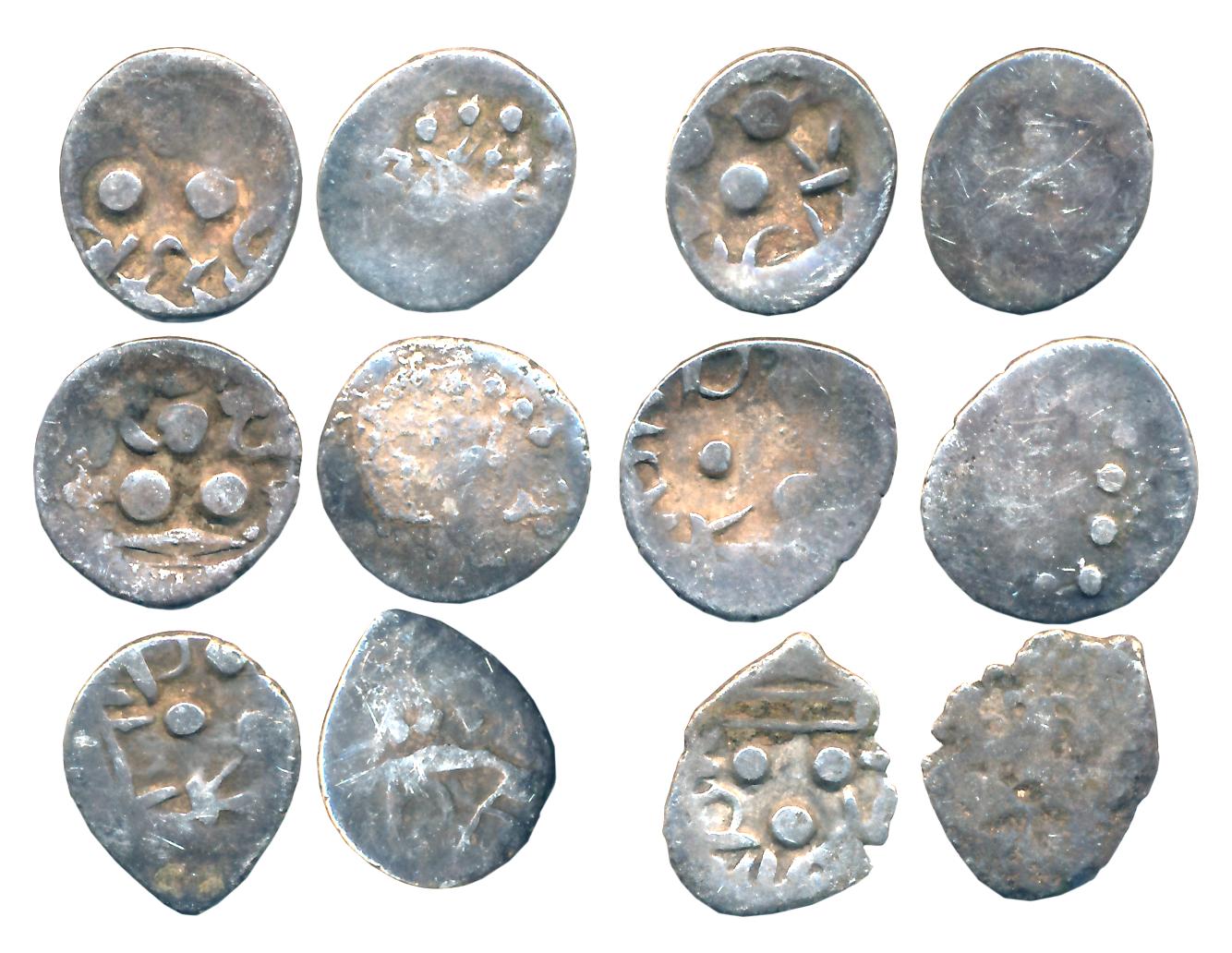 Post Gupta, Silver, Dramma (6). Very fine to very fine+. 6 coins.