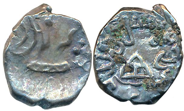 Traikutakas, Dahrasena son of Indradatta, Silver Dracham, 1.90g, Obv: Bust facing right, R