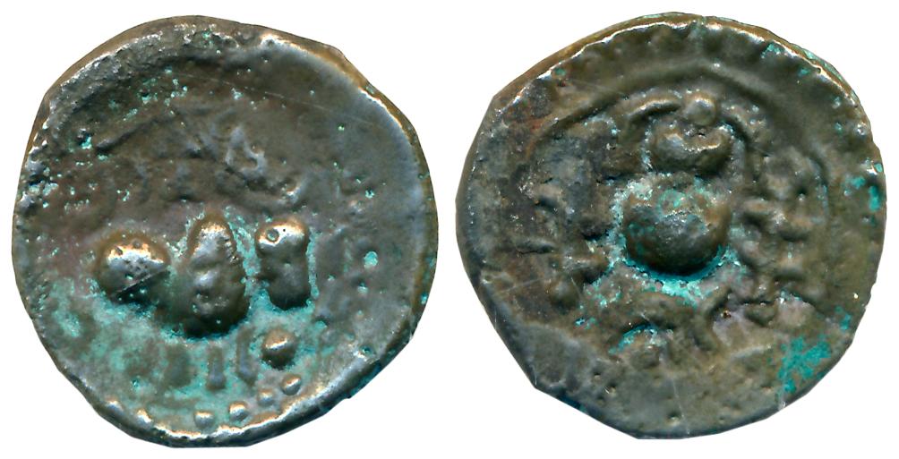 Vishnukundin, Copper Base Alloy, 3.83g, Obv: Bull facing right within circle, Rev: Conch s