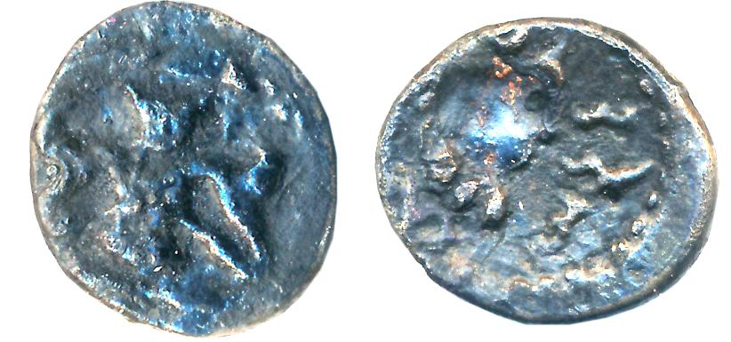 Medieval Maharashtra, early Rashtrakutas, Alloyed Copper, 2.07g, Obv: Anthropomorphic Garu