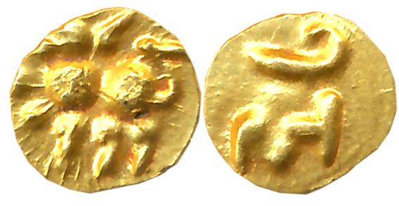Chalukyas of Kalyana, Vengi issue, Gold Haga- 1/2 Fanam, 0.17g, Obv: Lion standing facing 