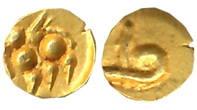 Chalukyas of Kalyana, Vengi issue, Gold Fanam 0.40g, Obv: Lion standing facing left with r