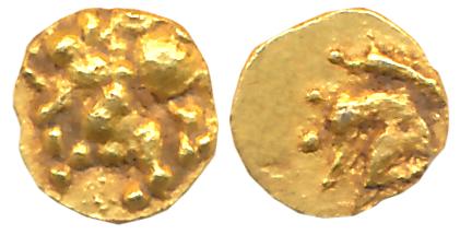 Chalukyas of Kalyana, Anonymous, Gold Haga- 1/4 Fanam, 0.09g, Obv: Lion standing facing le