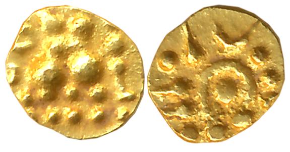 Nolambas of Nolambavadi, Uninscribed Gold 1/2 Fanam, 0.17g. Obv: Caparisoned Nandi seated 