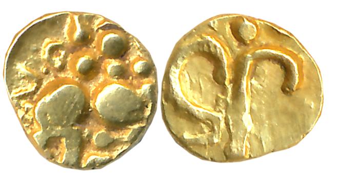 Nolambas of Nolambavadi, Uninscribed Gold Fanam, 0.40g, Obv: Caparisoned Nandi seated couc