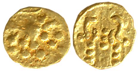 Hoysalas of Dwarasamudra, Vinayaditya, Gold Haga-1/4 Fanam, 0.10g, Obv: Lion walking to ri