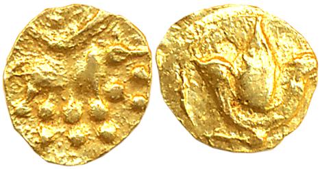 Hoysalas of Dwarasamudra, Gold 1/4 Fanam, 0.10g, Obv: Lion to right crescent above, Rev: L