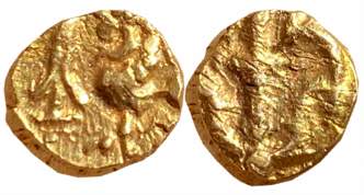 Kadambas of Goa, Gold Fanam, 0.30g, Lion facing to left in front of dagger on obverse. Ver