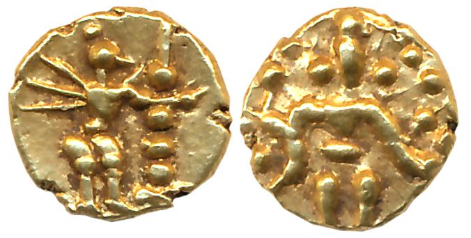 Kadambas of Nagarkhanda, Gold Fanam, 0.40g, Obv: Garuda standing facing right to a lamp wi